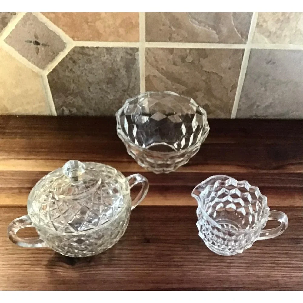 Vintage Clear Pressed Glass Creamer Sugar Bowl Extra‎ Bowl Set Trad Mid-Century